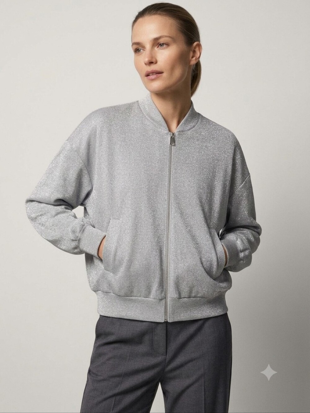 ZARA Sparkle Silver Bomber Jacket Oversised Size S